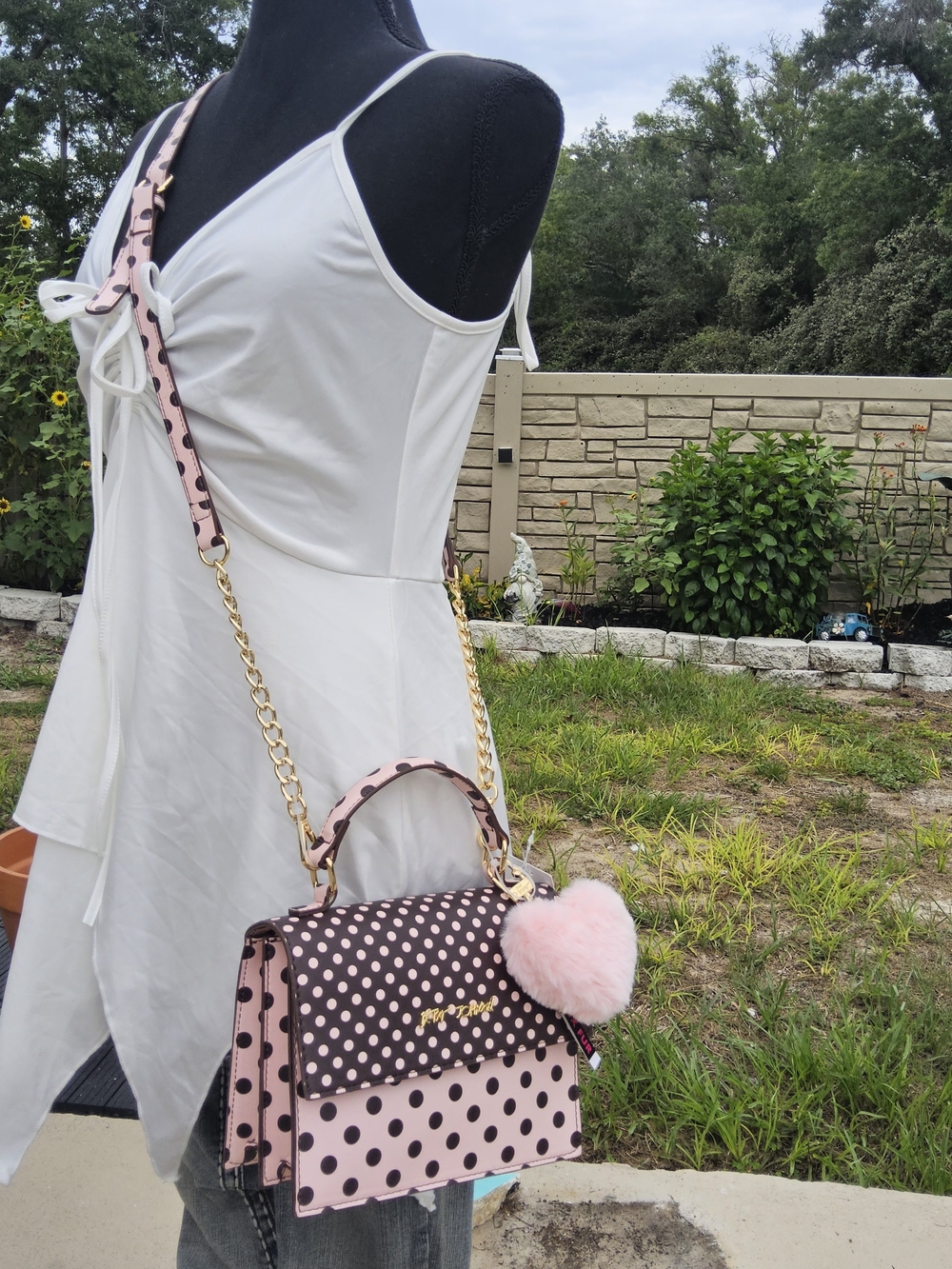 NWT- Betsey Johnson Pink & Brown Polka Dot Top-Handle Satchel with Pink Pom - Picture 5 of 6